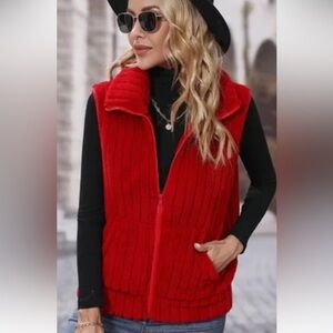 Lisa International Faux Fur trimmed Red & Black Vest Size Medium high quality